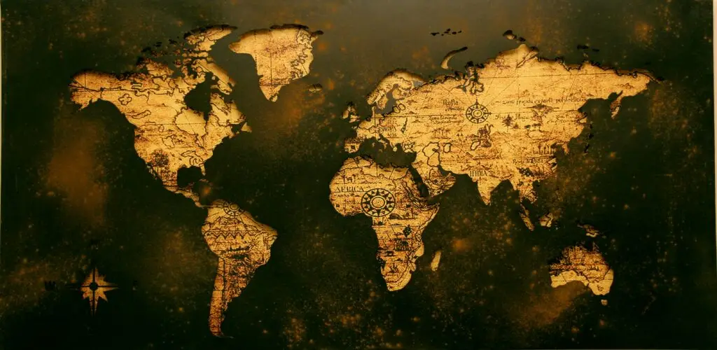 Carte du monde ancienne sur fond noir, donnant une impression de vieillissement.