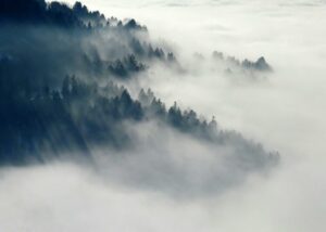 Montagnes couvertes d'un épais brouillard, symbolisant la difficulté à voir au-delà du moment présent.